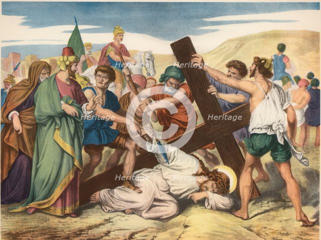 Via Crucis. Ninth Station. Jesus falls the third time ashore. Drawing by Pascual. Barsal Editions…