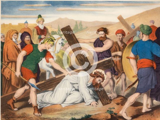Via Crucis. Seventh station. Jesus falls the second time. Drawing by Pascual. Barsal Editions, Ba…