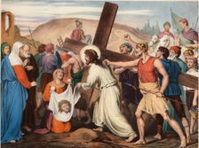 Via Crucis. Sixth station. Veronica wipes off Jesus face. Drawing by Pascual. Barsal Editions, Ba…