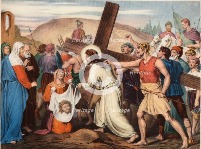 Via Crucis. Sixth station. Veronica wipes off Jesus face. Drawing by Pascual. Barsal Editions, Ba…