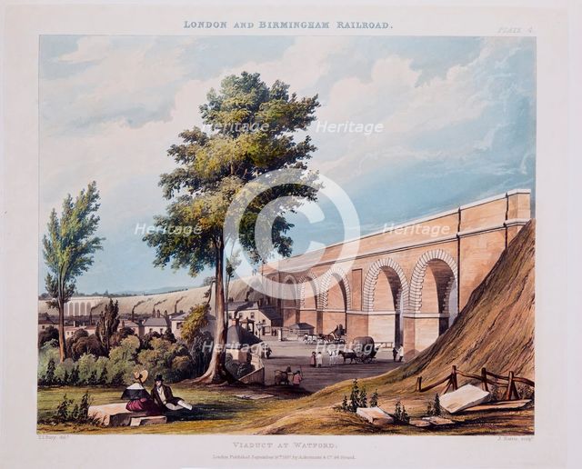 Viaduct at Watford, published 1837 (hand coloured engraving)