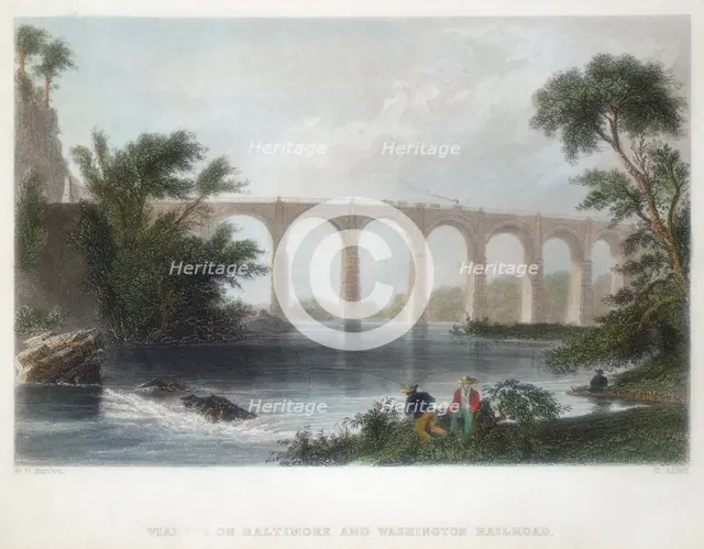 Viaduct on the Baltimore & Washington Railroad, c1838. Creator: Henry Adlard.