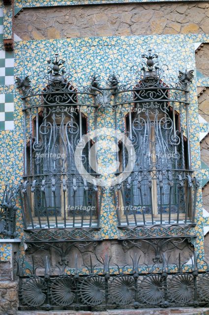 Vicens House, detail of wrought iron windows, designed by Antoni Gaudí i Cornet (1852-1926).