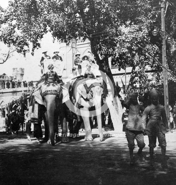 Viceregal staff and his daughter taking part in the elephant procession, Delhi, India, 1900s.Artist: H Hands & Son