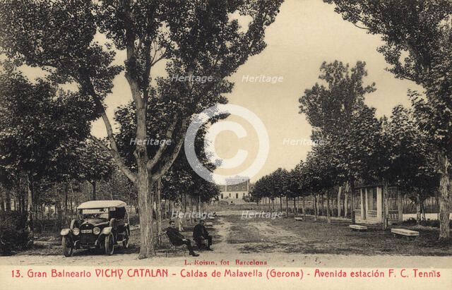 Vichy Catalan Health Resort in Caldes de Malavella (Girona), Railroad Station Avenue, in a postca…