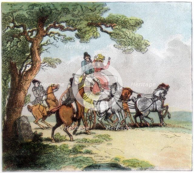 'Vicissitudes of the road in 1787, the highwayman, Lord Barrymore stopped', 1890. Artist: Unknown