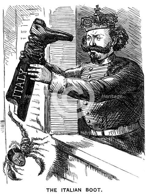 Victor Emmanuel II (1st King of Italy) shaking Leopold II (Duke of Tuscany) out of Italy, 1861. Artist: Unknown