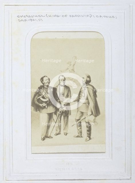 Victor Emmanuel II King of Sardinia, Giuseppe Garibaldi and Camillo Benso, Count of Cavour, 1860-69. Creator: Unknown.
