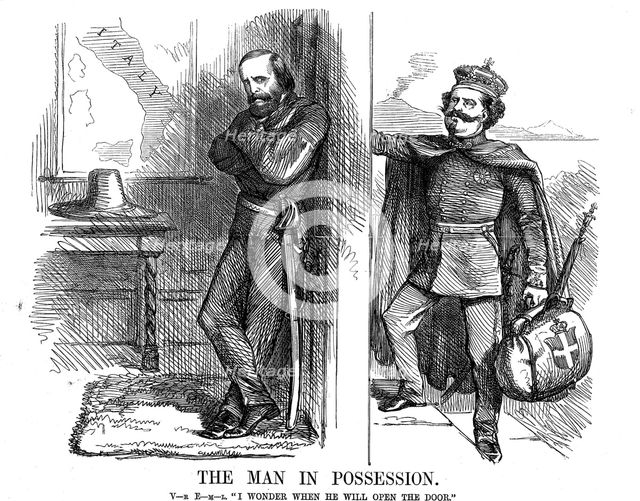 Victor Emmanuel II knocking on the door of Naples, 1861. Artist: John Tenniel