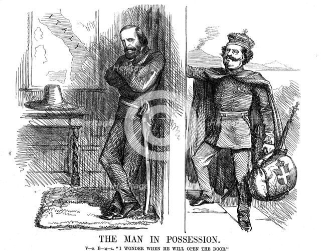 Victor Emmanuel II knocking on the door of Naples, 1861. Artist: John Tenniel