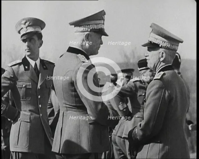 Victor Emmanuel III, King of Italy Talking to Men in Uniform, 1930s. Creator: British Pathe Ltd.