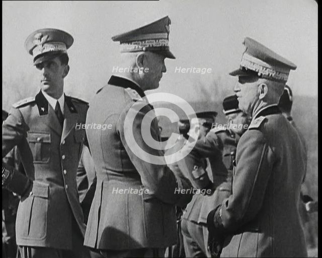 Victor Emmanuel III, King of Italy Talking to Men in Uniform, 1930s. Creator: British Pathe Ltd.