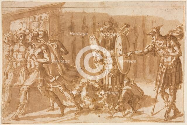 Victorious Soldiers with Trophy, 1550s. Creator: Pellegrino Tibaldi (Italian, 1527-1596).