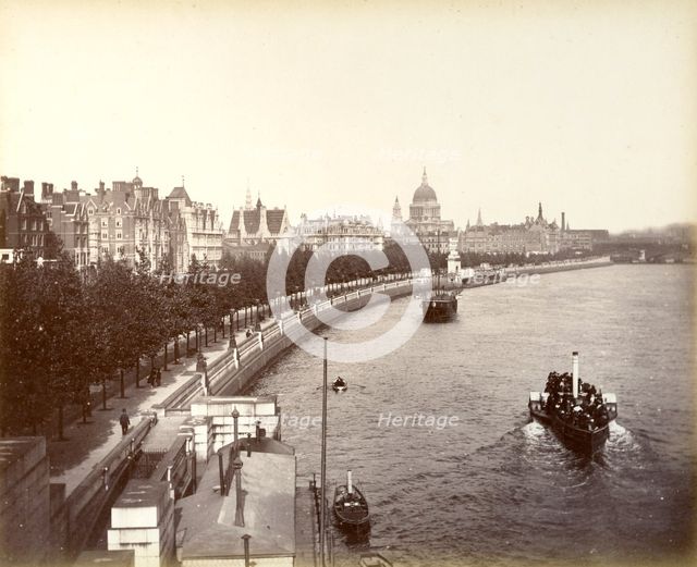 Victoria Embankment, showing Temple Gardens and St Paul's Cathedral, London, 1887. Artist: Unknown