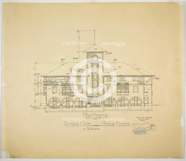 Victoria Hotel, Chicago Heights, Illinois, Front Elevation, 1892. Creator: Adler & Sullivan.