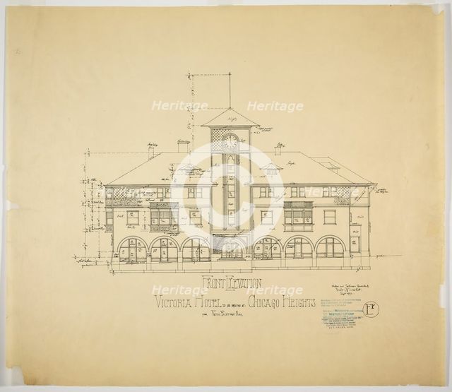 Victoria Hotel, Chicago Heights, Illinois, Front Elevation, 1892. Creator: Adler & Sullivan.