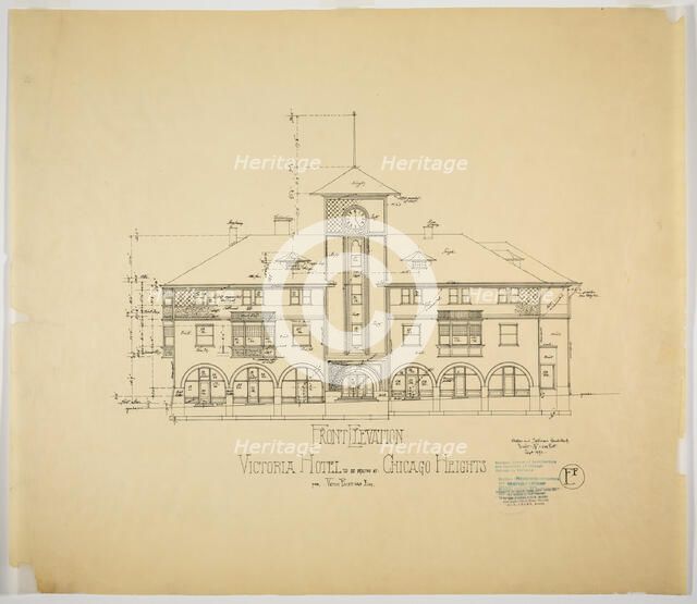 Victoria Hotel, Chicago Heights, Illinois, Front Elevation, 1892. Creator: Adler & Sullivan.