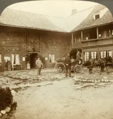 Victoria Hotel, adorned with reindeer antlers, at Kongsberg, in rugged Norway c1905. Creator: Unknown