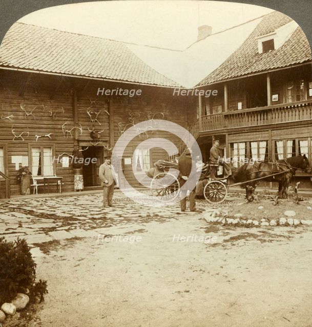 'Victoria Hotel, adorned with reindeer antlers, at Kongsberg, in rugged Norway', c1905. Creator: Unknown.
