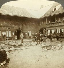Victoria Hotel, adorned with reindeer antlers, at Kongsberg, in rugged Norway c1905. Creator: Unknown