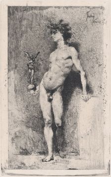 Victory: a naked youth standing facing left holding a statue of winged Victory in his righ..., 1869. Creator: Mariano Jose Maria Bernardo Fortuny y Carbo