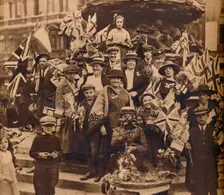 Victory celebrations underneath Eros, Piccadilly, London, 1918, (1938)