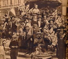 Victory celebrations underneath Eros, Piccadilly, London, 1918, (1938)