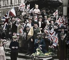 Victory celebrations underneath Eros, Piccadilly, London, 1918, (1938)