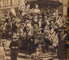 Victory celebrations underneath Eros, Piccadilly, London, 1918, (1938)