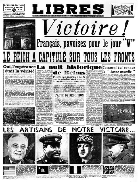 Victory!, front page of Libres newspaper, 9 May 1945. Artist: Unknown