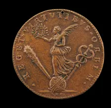 Victory Holding a Palm and Laurel, on a Globe with a Rudder, Club, and Cadeuceus [reverse], 1594. Creator: Philippe Danfrie