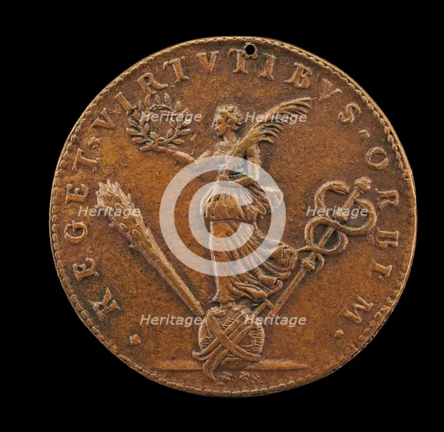Victory Holding a Palm and Laurel, on a Globe with a Rudder, Club, and Cadeuceus [reverse], 1594. Creator: Philippe Danfrie.