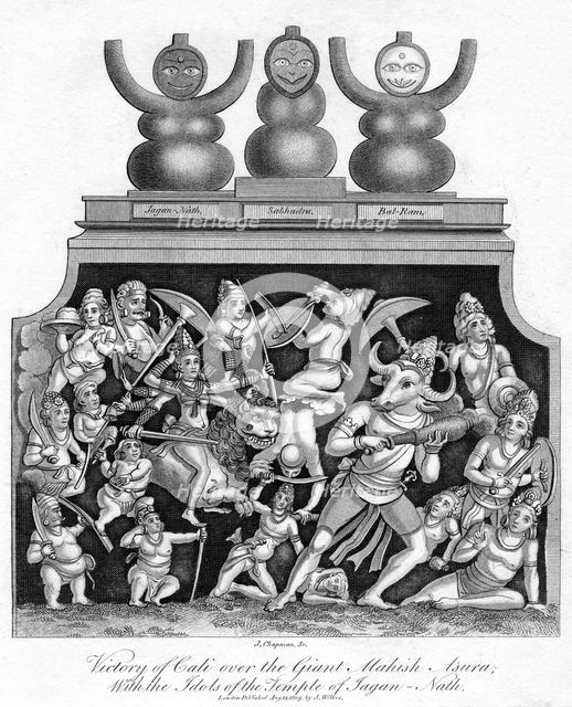 'Victory of Cali over the Giant Mahish A'sura, with the idols of the Temple of Jagannath', 1809.Artist: J Chapman