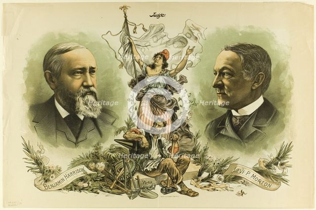Victory Portraits of Benjamin Harrison and Levi P. Morton, from Judge, 1888. Creator: Unknown.