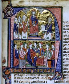 Vidal Canellas offering his text to King James I, Miniature in Vidal Mayor illuminated manuscr…