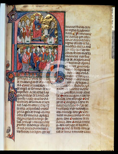 Vidal Canellas offering his text to King James I, Miniature in 'Vidal Mayor', an illuminated manu…