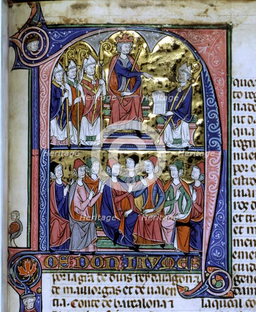 Vidal Canellas offering his text to King James I, Miniature in 'Vidal Mayor', illuminated manuscr…