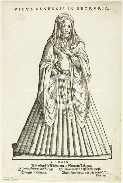 Vidua Senensis in Hetruria (Widow of Siena in Tuscany) from H. Weigel's Trachtenbuch...1937. Creators: Jost Ammon, Max Geisberg, Hans Weigel.