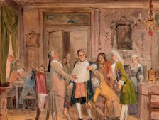 Vielgeschrey's hardships, scene from L. Holberg’s "Den stundesløse," Act 1, Scene 6, before 1850. Creator: Wilhelm Marstrand