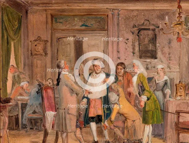 Vielgeschrey's hardships, scene from L. Holberg’s "Den stundesløse," Act 1, Scene 6, before 1850. Creator: Wilhelm Marstrand.