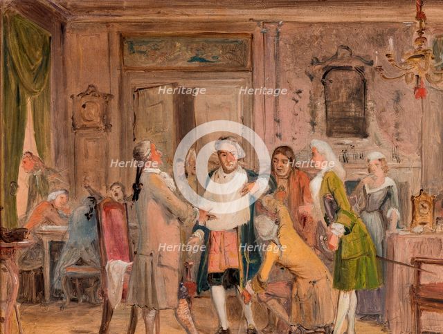 Vielgeschrey's hardships, scene from L. Holberg’s "Den stundesløse," Act 1, Scene 6, before 1850. Creator: Wilhelm Marstrand.