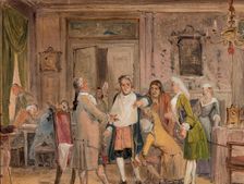 Vielgeschrey's hardships, scene from L. Holberg’s "Den stundesløse," Act 1, Scene 6, before 1850. Creator: Wilhelm Marstrand