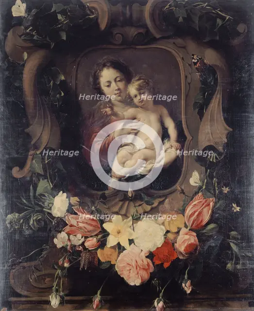 Vierge à l'enfant dans une couronne de fleurs, 17th century. Creator: Daniel Seghers.