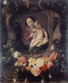 Vierge à l'enfant dans une couronne de fleurs, 17th century. Creator: Daniel Seghers