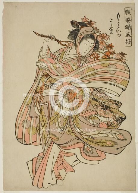 Viewing Maple Leaves (Momijigari), from the series "Dance Customs of Captivating..., c. 1772/80. Creator: Kitao Shigemasa.