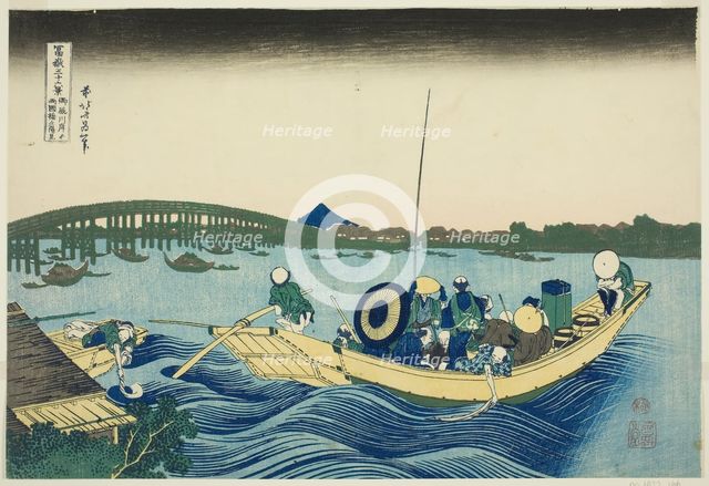 Viewing Sunset over the Ryogoku Bridge from the Onmaya Embankment (Onmayagashi yori..., c. 1830/33. Creator: Hokusai.