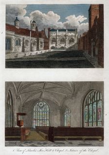 Views of Lincoln's Inn Hall and Chapel, and the interior of Lincoln's Inn Chapel, London, 1811.Artist: Pals
