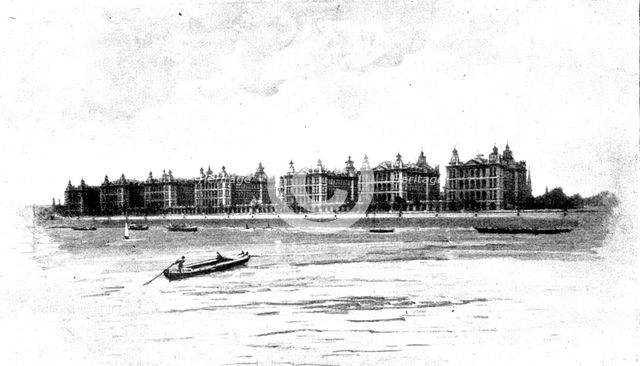 Views of St. Thomas's Hospital: the hospital from the river, 1895. Creator: George Meisenbach.