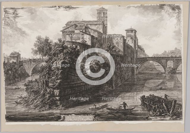 Views of Rome: The The Isola Tiberina, 1775. Creator: Giovanni Battista Piranesi (Italian, 1720-1778).