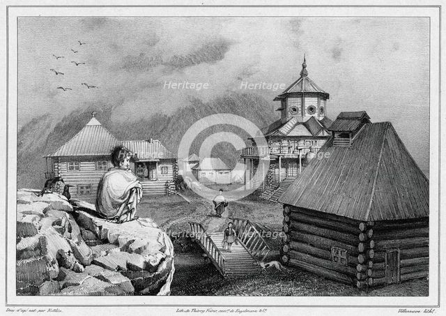 View taken in the Russian colony of Novo-Arkhangelsk (Sitkha island) (northwest..., 19th century. Creators: Friedrich Heinrich Kittlitz, Godefroy Engelmann.